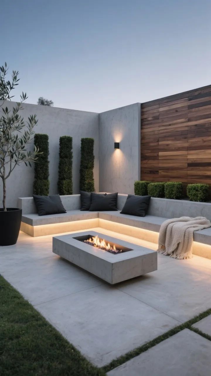 Zona de estar exterior com firepit ao anoitecer
